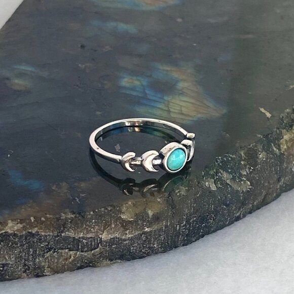 Sterling Silver 925 Dainty Minimalist Crescent Moon Turquoise Band Ring Sz 4.75 - Picture 13 of 16